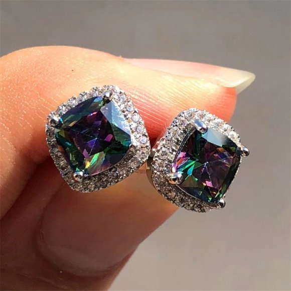 *Rainbow Mystic Topaz Diamond Halo Stud Earrings - Picture 3 of 5
